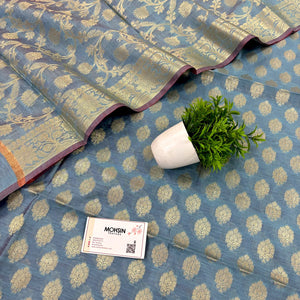 Dusty Blue Golden Zari Banarasi Silk Suit