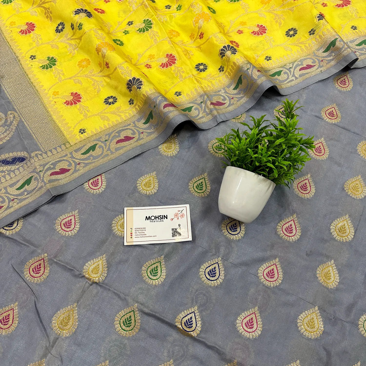 Grey and Yellow Golden Zari Katan Silk Banarasi Suit
