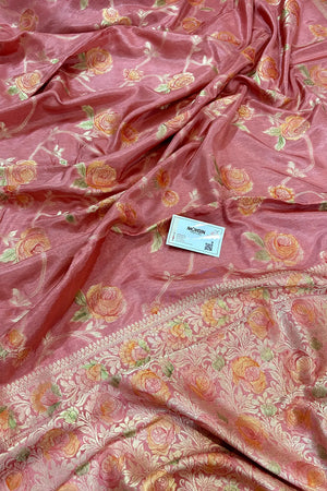 Light Peach Rosy Jaal Georgette Silk Banarasi Saree