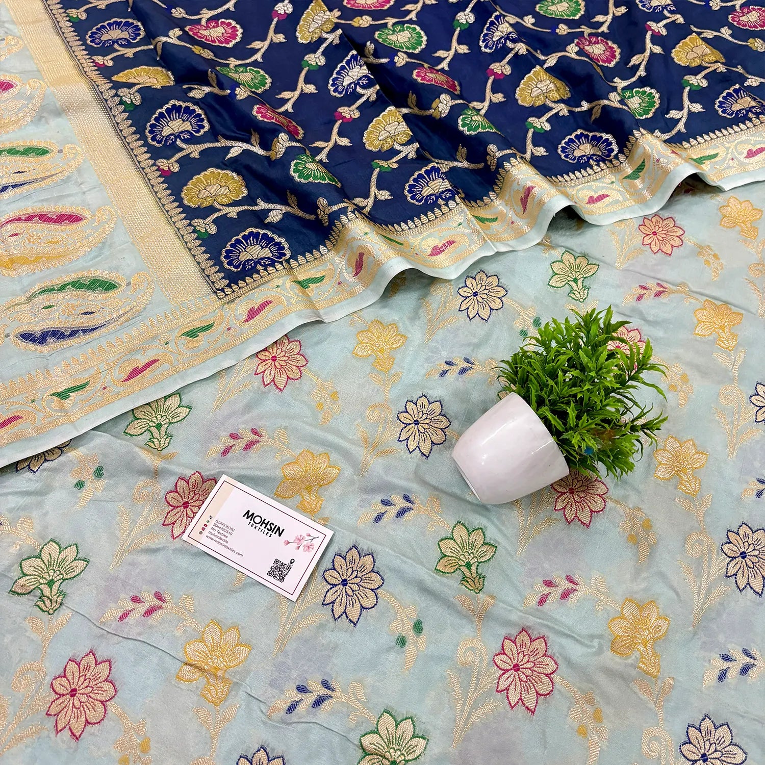 Mint and Navy Blue Golden Zari Katan Silk Banarasi Saree