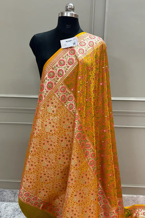 Mustard and Orange Jungli Jaal Katan Silk Banarasi Saree
