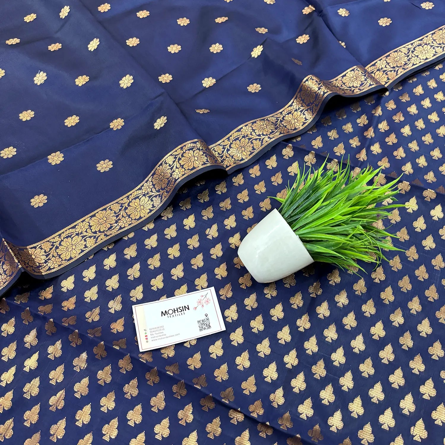 Navy Blue Chidiya Buti Satin Silk Banarasi Suit