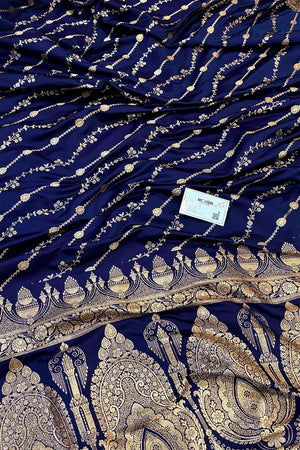 Navy Blue Sunehri Lehar Katan Silk Banarasi Saree