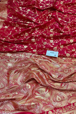Pinkish Red Jangla Katan Silk Banarasi Saree