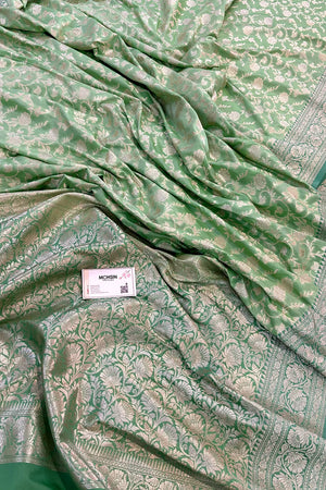Pista and Sea Green Gulabi Jaal Katan Silk Banarasi Saree