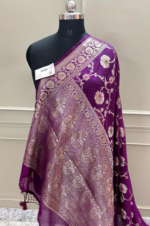 Purple Golden Zari Siroski Stone Georgette Silk Banarasi Saree