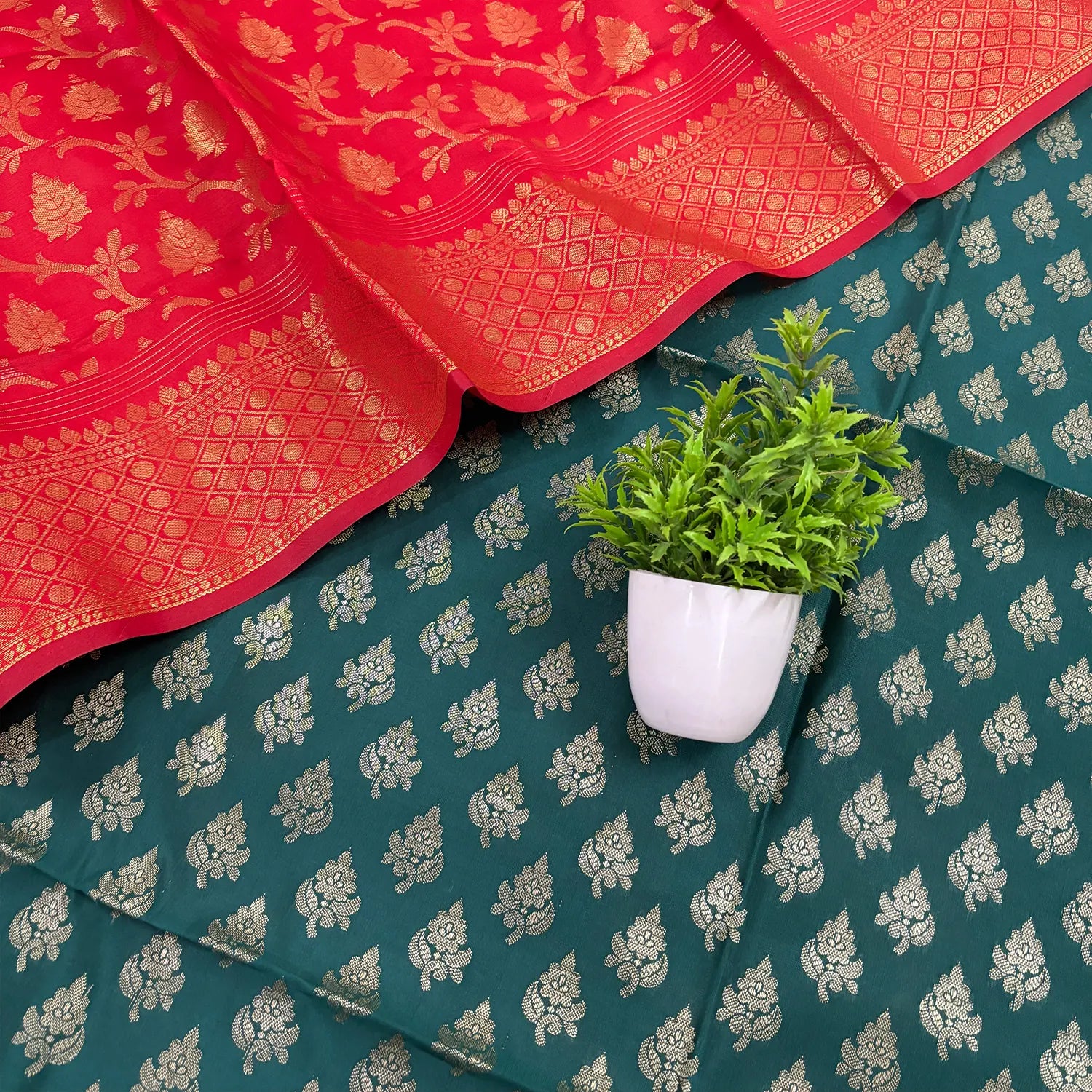 Teal and Red Podha Satin Silk Banarasi Suit