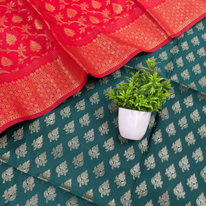 Teal and Red Podha Satin Silk Banarasi Suit