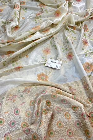 White Shakahari Jaal Georgette Silk Banarasi Saree