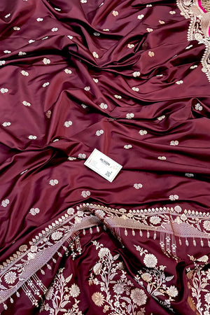 Wine Babri Buti Katan Silk Banarasi Saree
