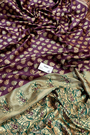 Wine and Green Resham Zari Silky Banarasi Saree