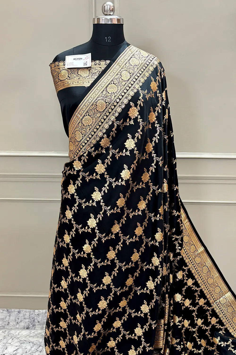 Black Akbari Jaal Katan Silk Banarasi Saree