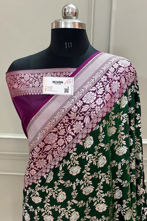 Bottle Green and Purple Maharani Jaal Crepe Silk Banarasi Saree