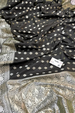 Dark Grey Golden Zari Crepe Silk Banarasi Saree