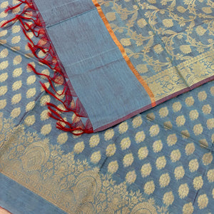 Dusty Blue Golden Zari Banarasi Silk Suit