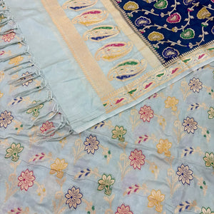 Mint and Navy Blue Golden Zari Katan Silk Banarasi Saree