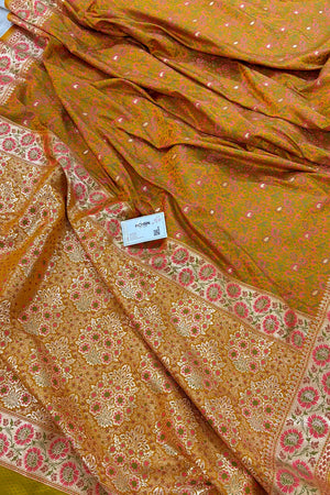 Mustard and Orange Jungli Jaal Katan Silk Banarasi Saree