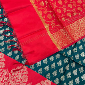Teal and Red Podha Satin Silk Banarasi Suit