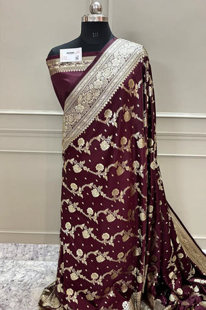 Wine Tirchi Daal Katan Silk Banarasi Saree