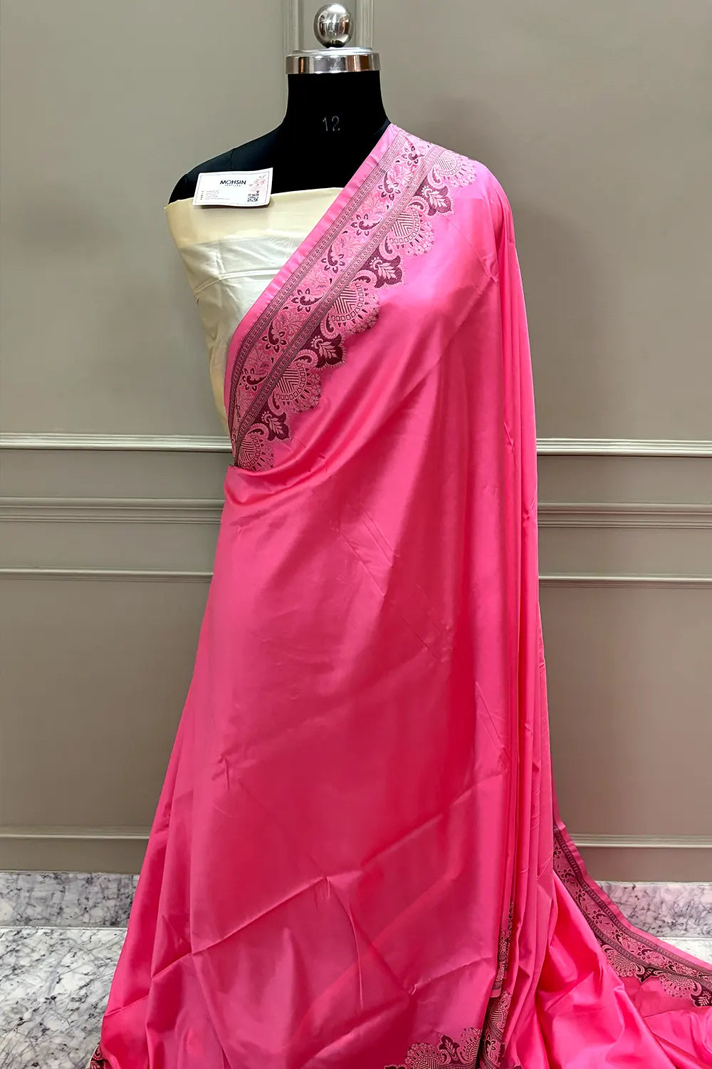 Baby Pink and Beige Plain Resham Silk Banarasi Saree