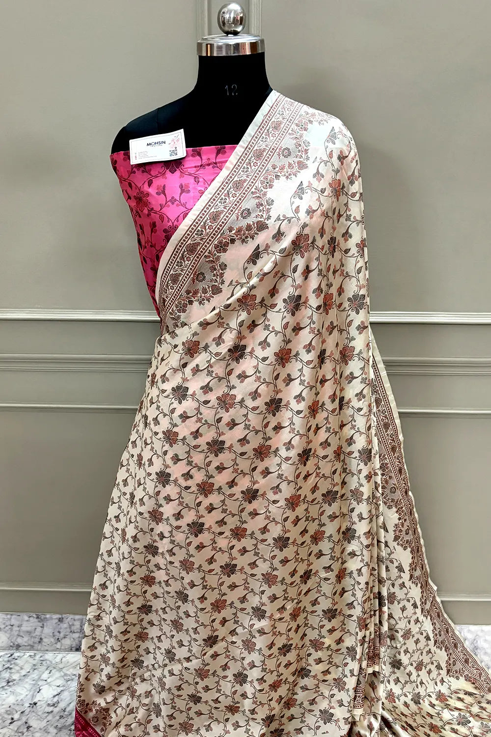 Beige and Baby Pink Resham Silk Banarasi Saree