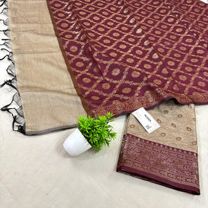 Beige and Maroon Patti Jaal Banarasi Silk Suit