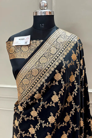 Black Akbari Jaal Katan Silk Banarasi Saree
