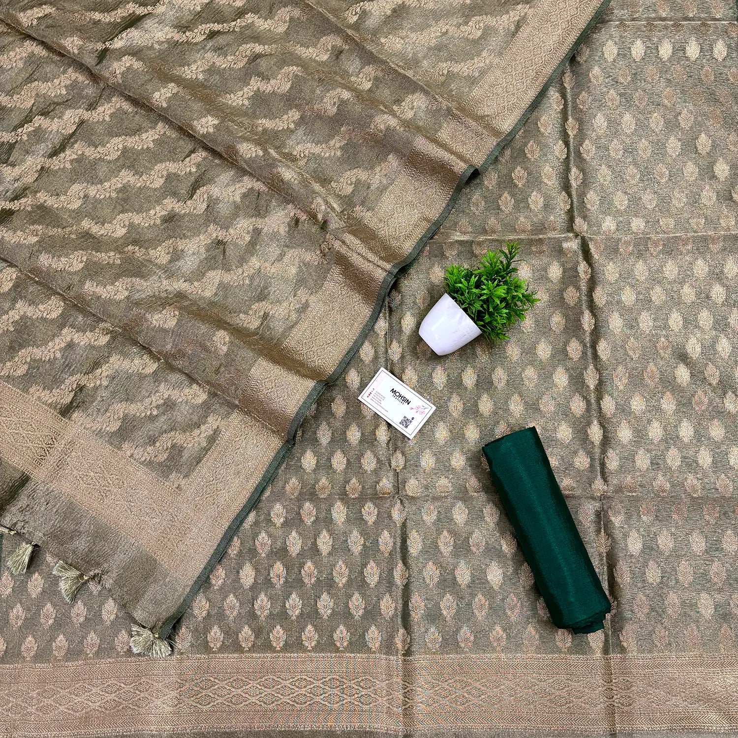 Bottle Green Pairahan Tissue Silk Banarasi Suit