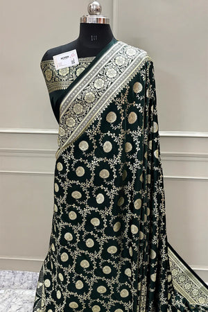 Bottle Green Pankhuri Jaal Katan Silk Banarasi Saree