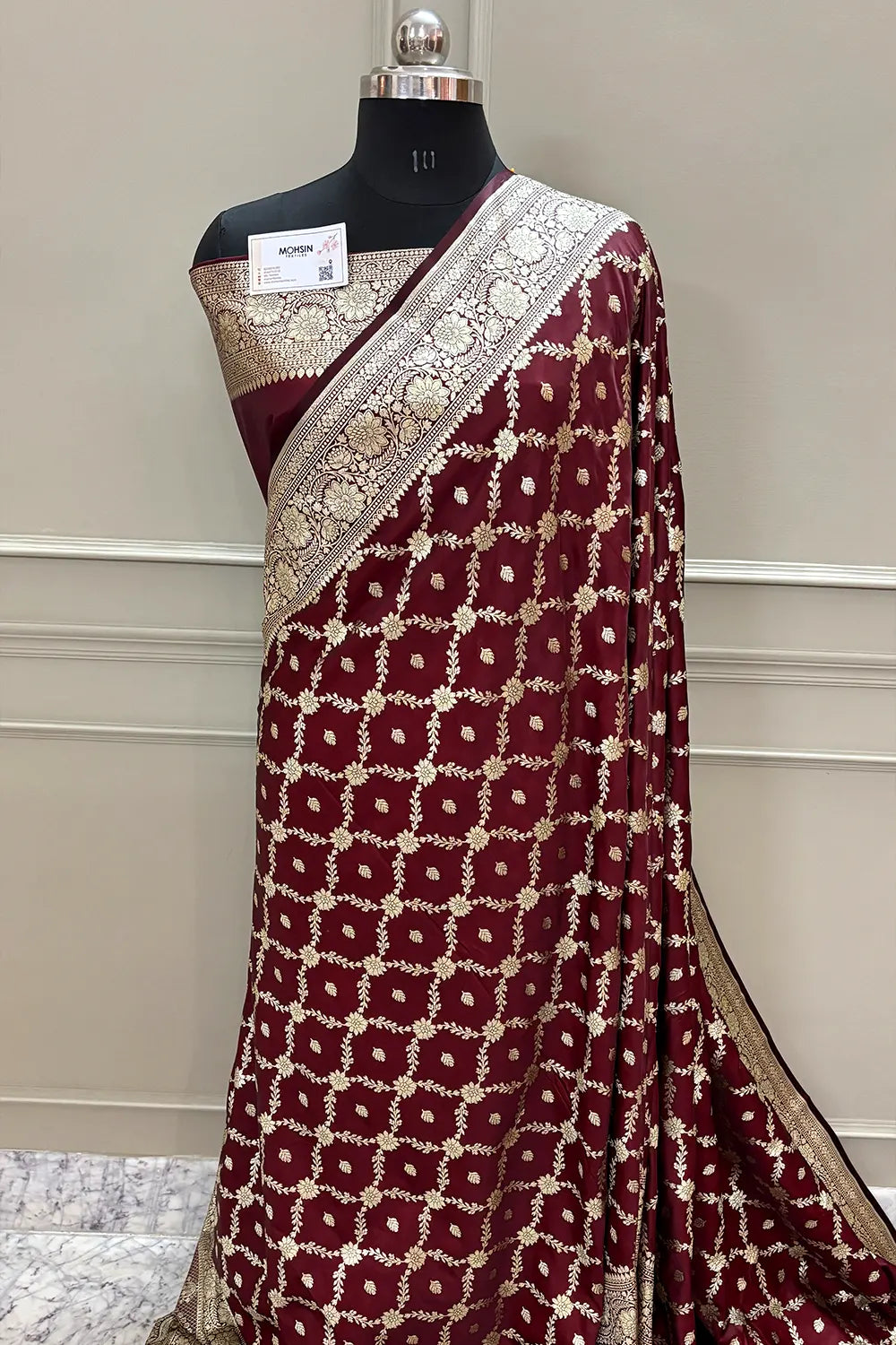 Dark Maroon Qaidi Buti Katan Silk Banarasi Saree