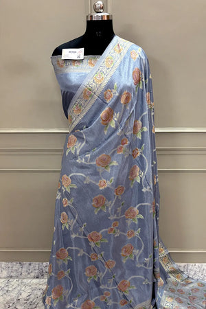 Grey Rosy Jaal Georgette Silk Banarasi Saree