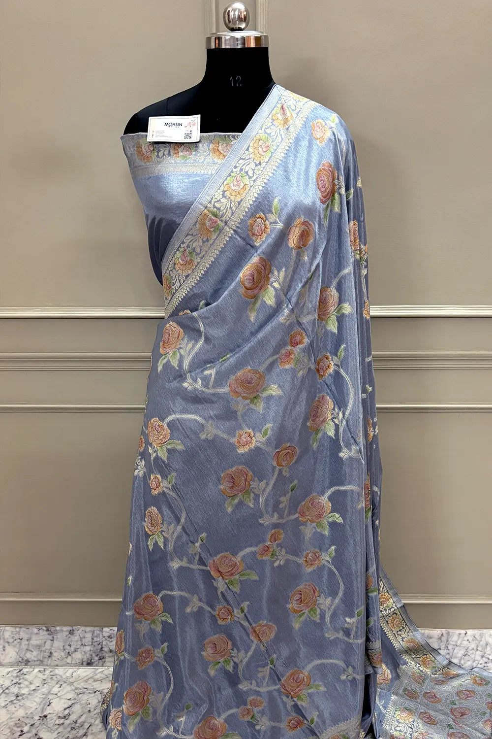 Grey Rosy Jaal Georgette Silk Banarasi Saree