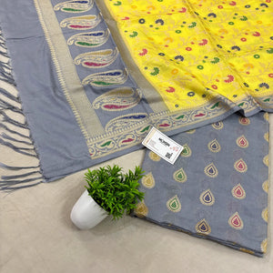 Grey and Yellow Golden Zari Katan Silk Banarasi Suit