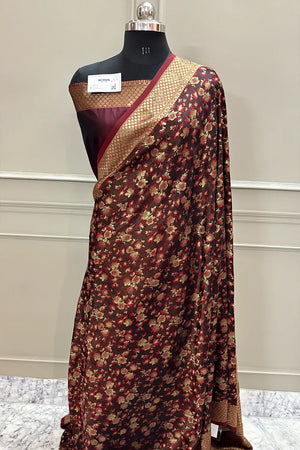Maroon Jamawar Siroski Stone Katan Silk Banarasi Saree