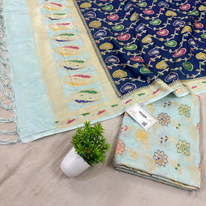 Mint and Navy Blue Golden Zari Katan Silk Banarasi Saree