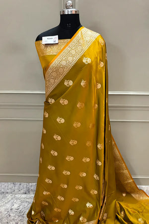 Mustard Golden Flower Katan Silk Banarasi Saree
