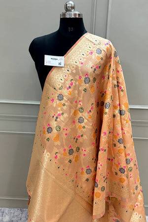 Peach Golden Zari Katan Silk Banarasi Dupatta