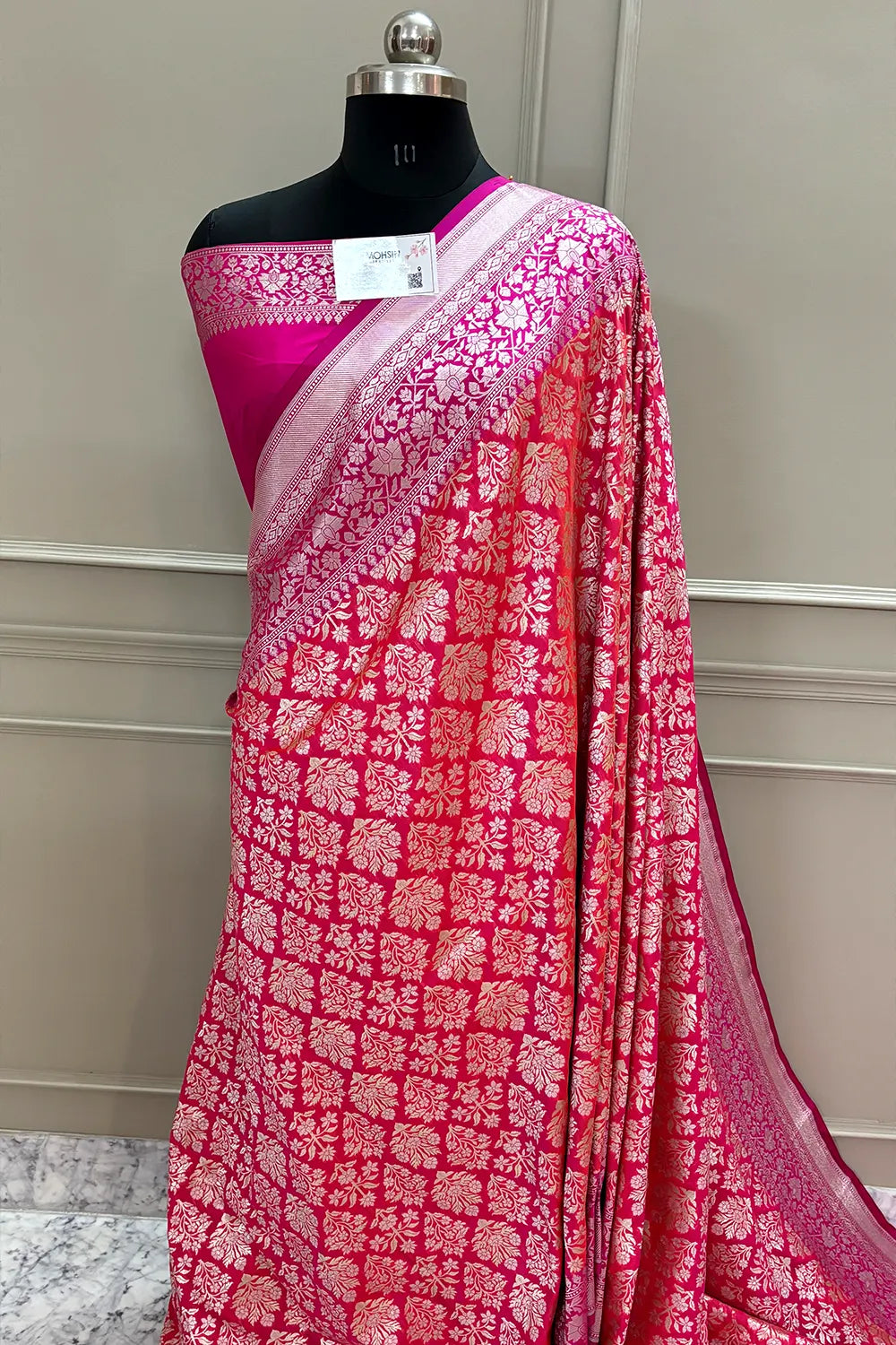 Peach and Pink Temple Buta Katan Silk Banarasi Saree