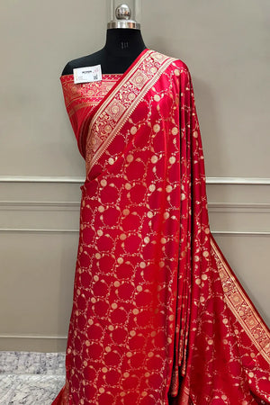 Pinkish Red Albeli Jaal Katan Silk Banarasi Saree