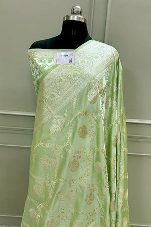 Pista Masuri Jaal Katan Silk Banarasi Saree