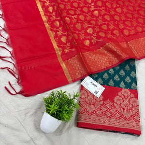 Teal and Red Podha Satin Silk Banarasi Suit