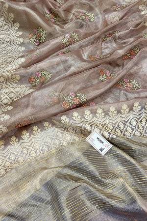 Baby Pink Embroidery Tissue Silk Banarasi Saree