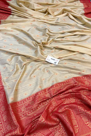 Beige and Red Golden Zari Linen Silk Banarasi Saree