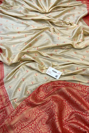 Beige and Red Golden Zari Linen Silk Banarasi Saree