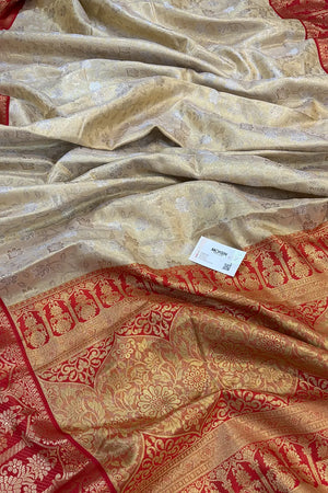 Beige and Red Golden Zari Tissue Silk Banarasi Saree