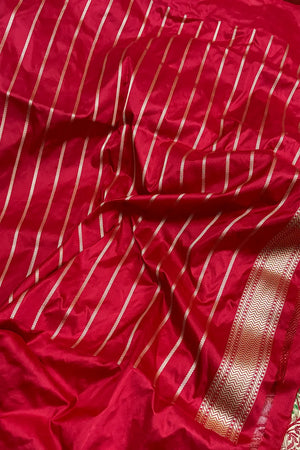 Beige and Red Handloom Pure Katan Silk Banarasi Saree