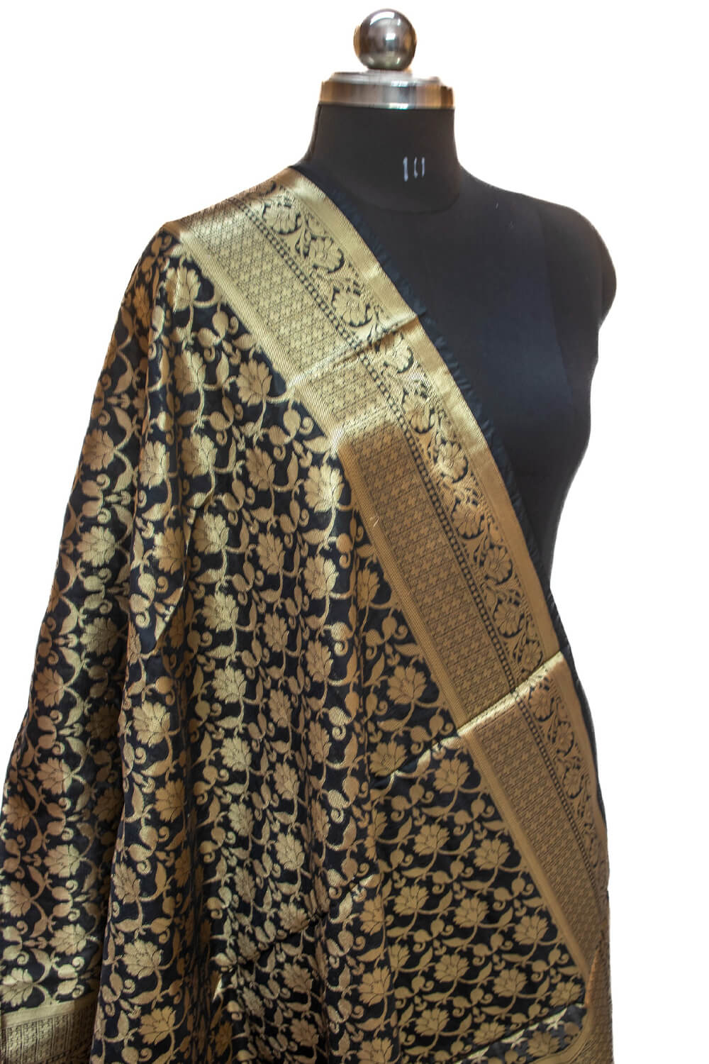Black Handloom Pure Katan Silk Banarasi Dupatta