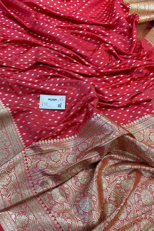 Strawberry Pink Golden Zari Katan Silk Banarasi Saree