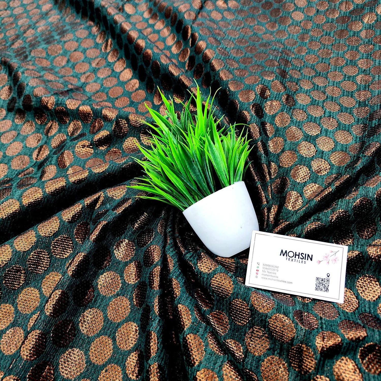 Bottle Green Dollar Buti Shimmer Silk Banarasi Fabric