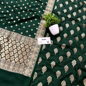 Bottle Green Golden Zari Katan Silk Banarasi Suit